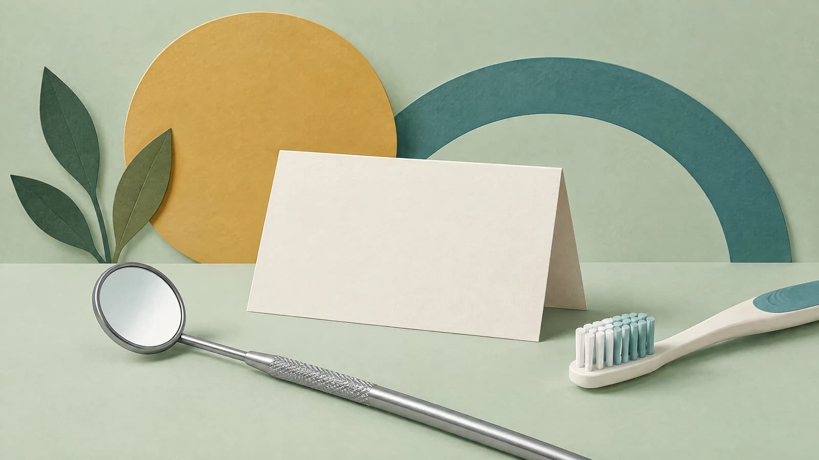 Illustration of a dental mirror, toothbrush and blank appointment card.