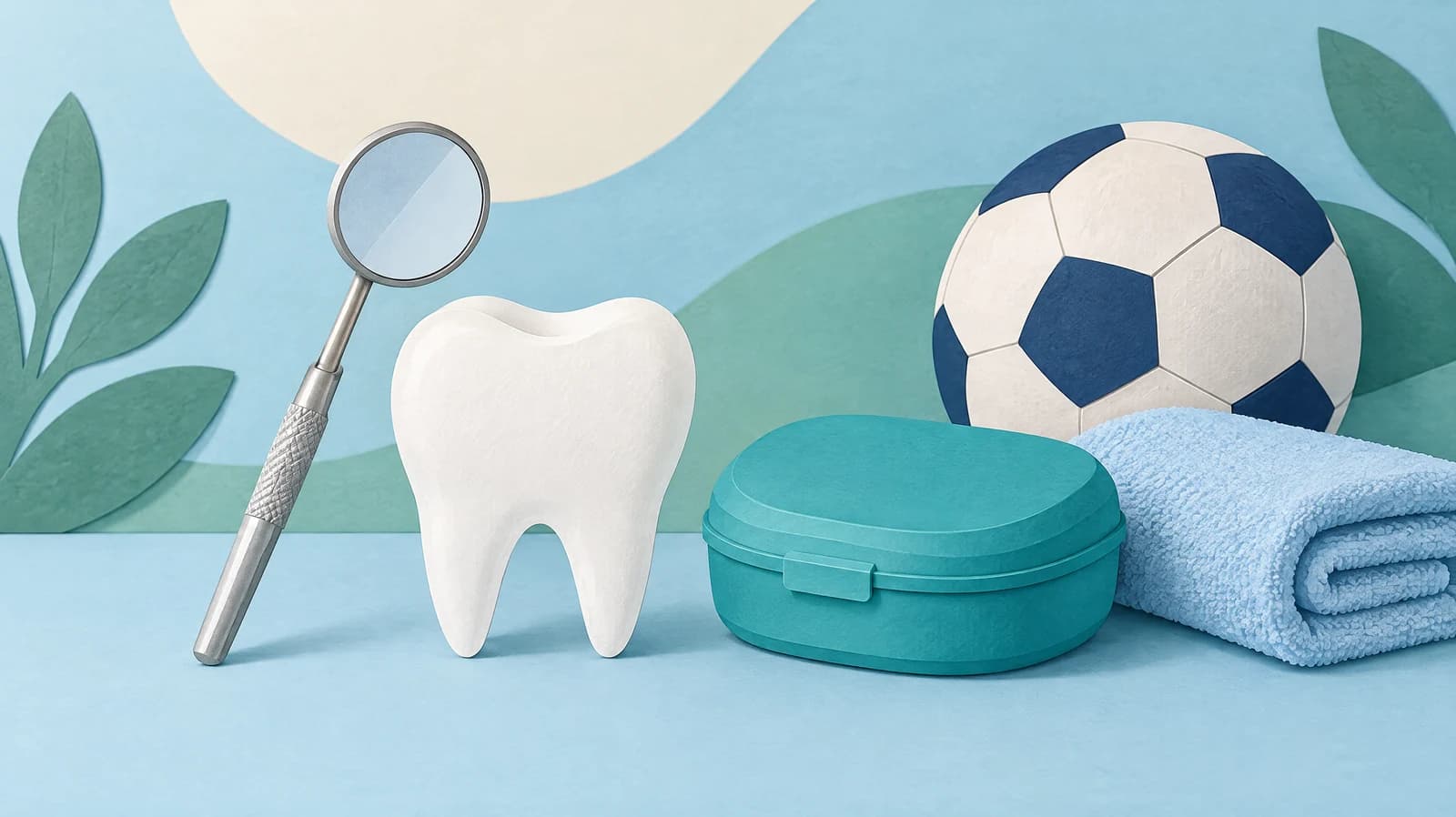 Illustration of a tooth model, dental mirror, closed teal case, football and folded towel.